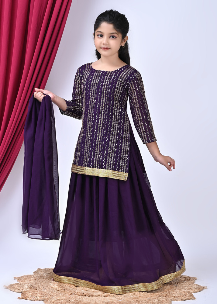 Girls Self Designed Premium Georgette Purple Ethnic Clothing Set
