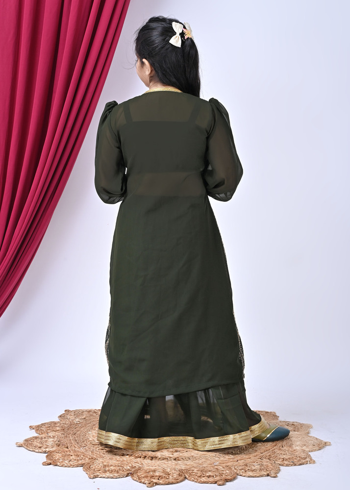 Girls Self Designed Premium Green Georgette Jacket Clothing Set