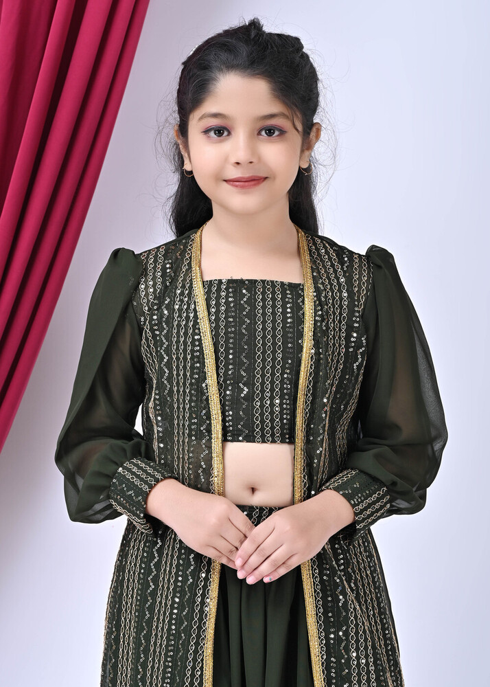 Girls Self Designed Premium Green Georgette Jacket Clothing Set