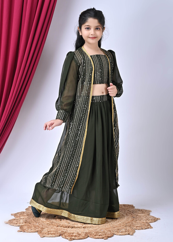 Girls Self Designed Premium Green Georgette Jacket Clothing Set