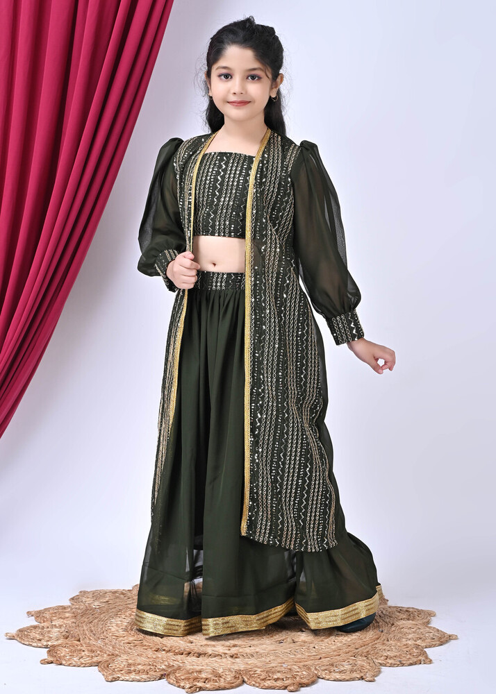 Girls Self Designed Premium Green Georgette Jacket Clothing Set