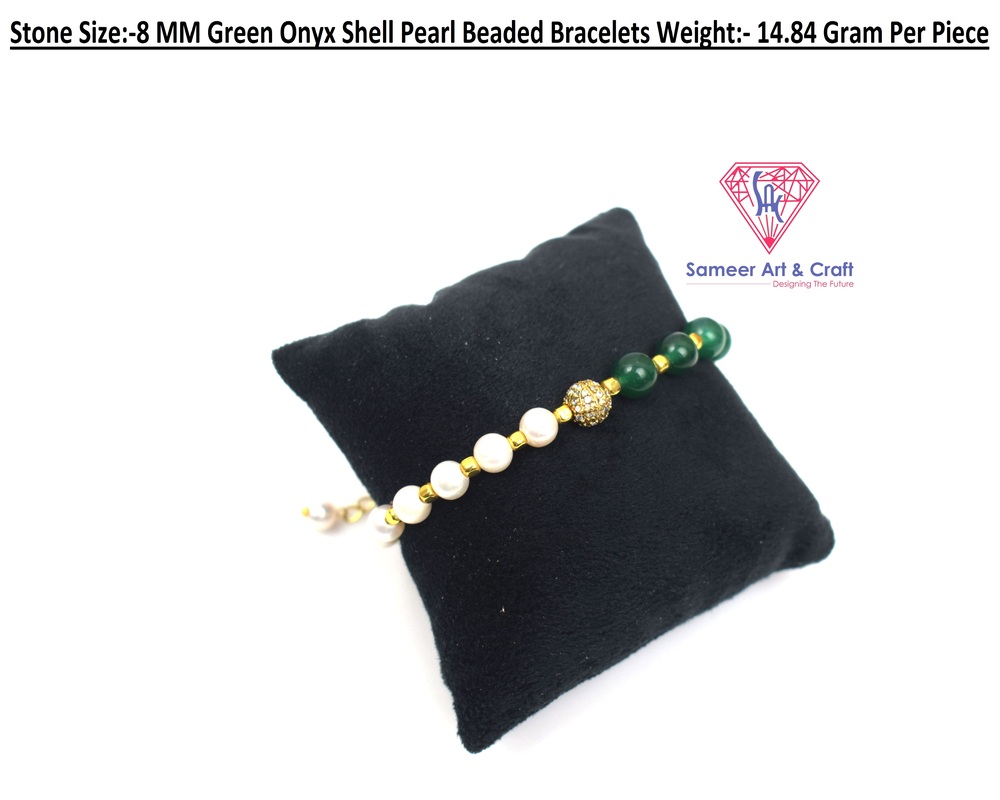 Green Onyx Shell Pearl Beaded Adjustable Gold Plated Bracelet.