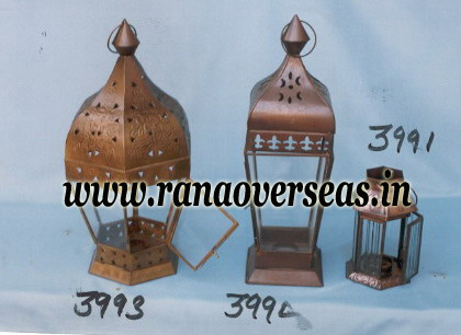 Brown Iron Metal Lantern In Antique Finish.
