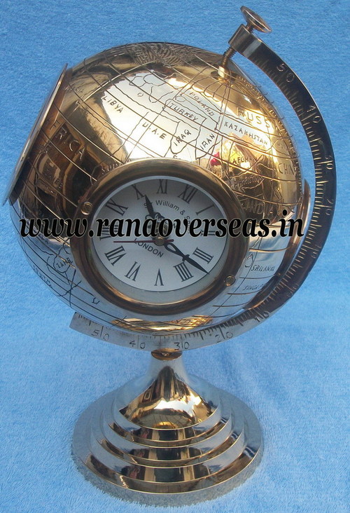 Golden Brass Metal Globe With Four Clocks Fitted In It.
