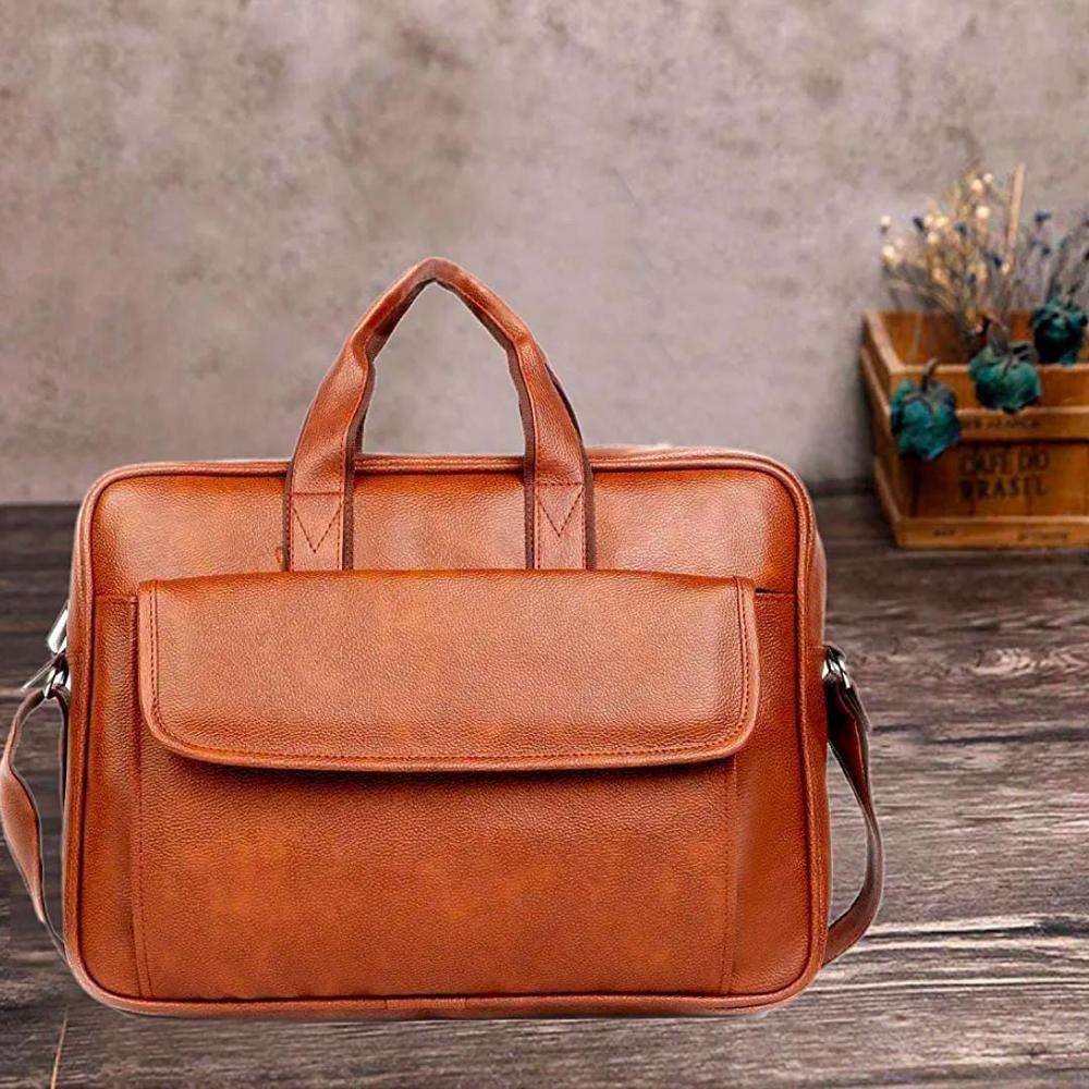 Brown Plain Synthetic Leather Laptop Bag - Capacity: 5 Ltr