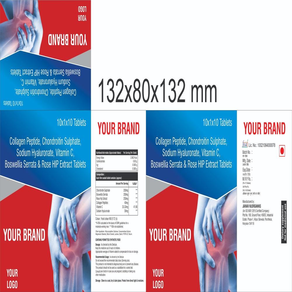 Collagen Peptide, Chondroitin Sulphate, Sodium Hyaluronate, Vitamin C, Boswellia Serrate & Rose Hip Extract Tablets