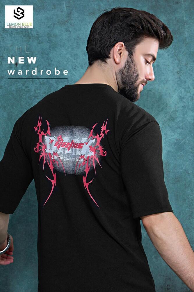 Mens Down Shoulder Black Half Sleeves Printed T-Shirt