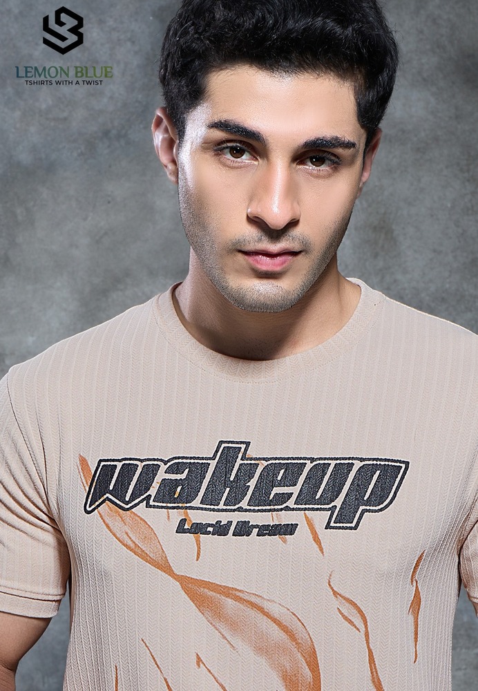 Mens Cream Color Half Sleeve With Puff Print T-Shirt