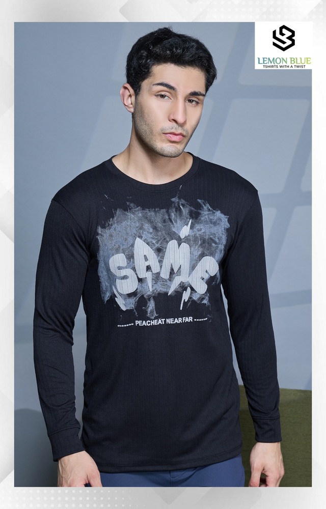 Mens Black Full Sleeve With Puff Print T-Shirt