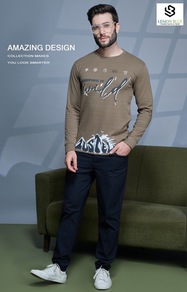 Mens Grey Full Sleeve With Puff Print T-Shirt - Color: Different Available
