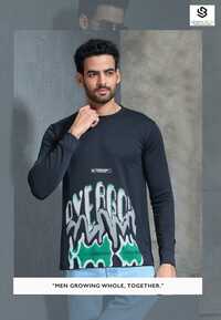 Mens Black Full Sleeves Printed Round Neck T-Shirt