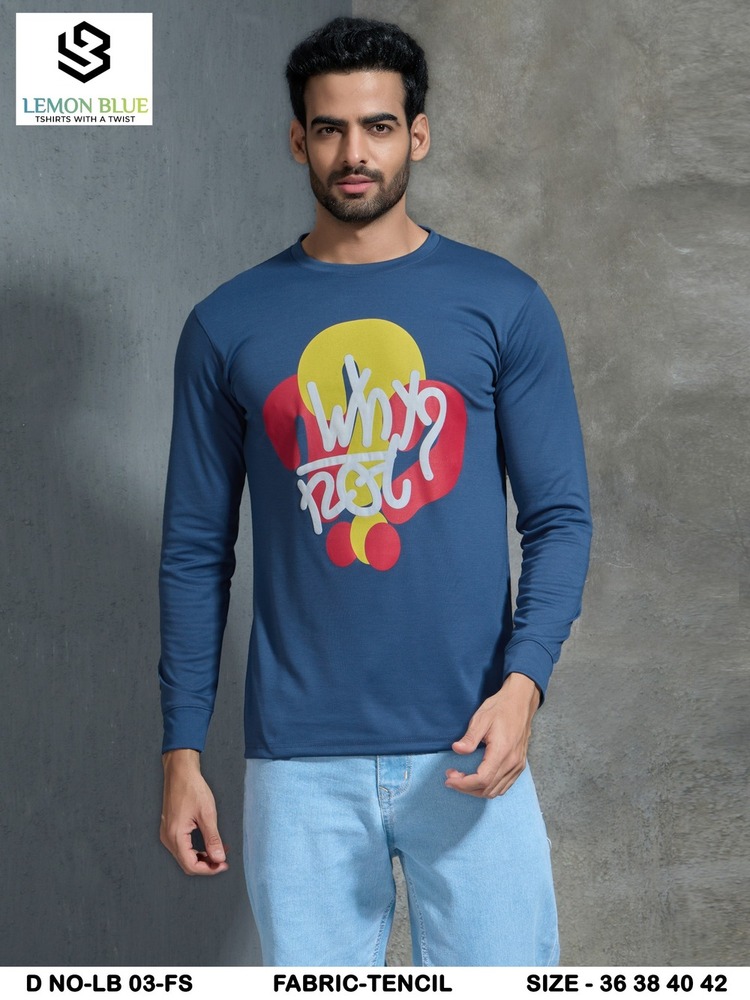 Mens Dark Blue Full Sleeves Printed Round Neck T-shirt - Color: Different Available