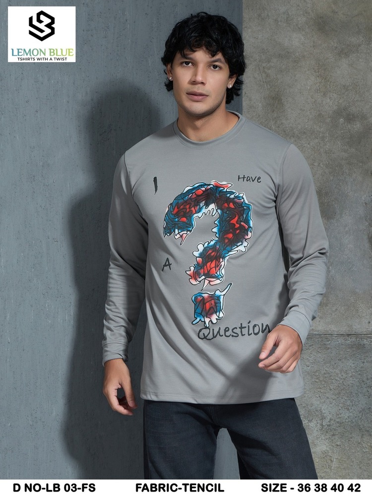 Mens Grey Full Sleeves Printed Round Neck T-Shirt - Color: Different Available