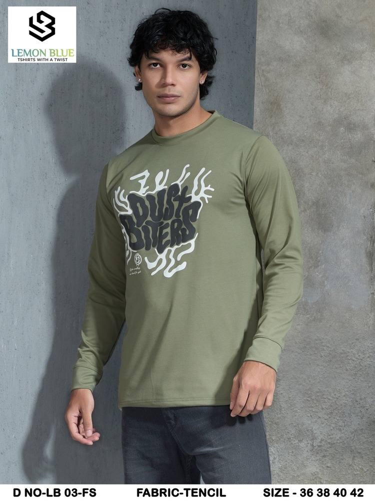 Mens Olive Green Basic Round Neck Puff Print With Hand Cuff Full Sleeve Tshirt - Color: Different Available