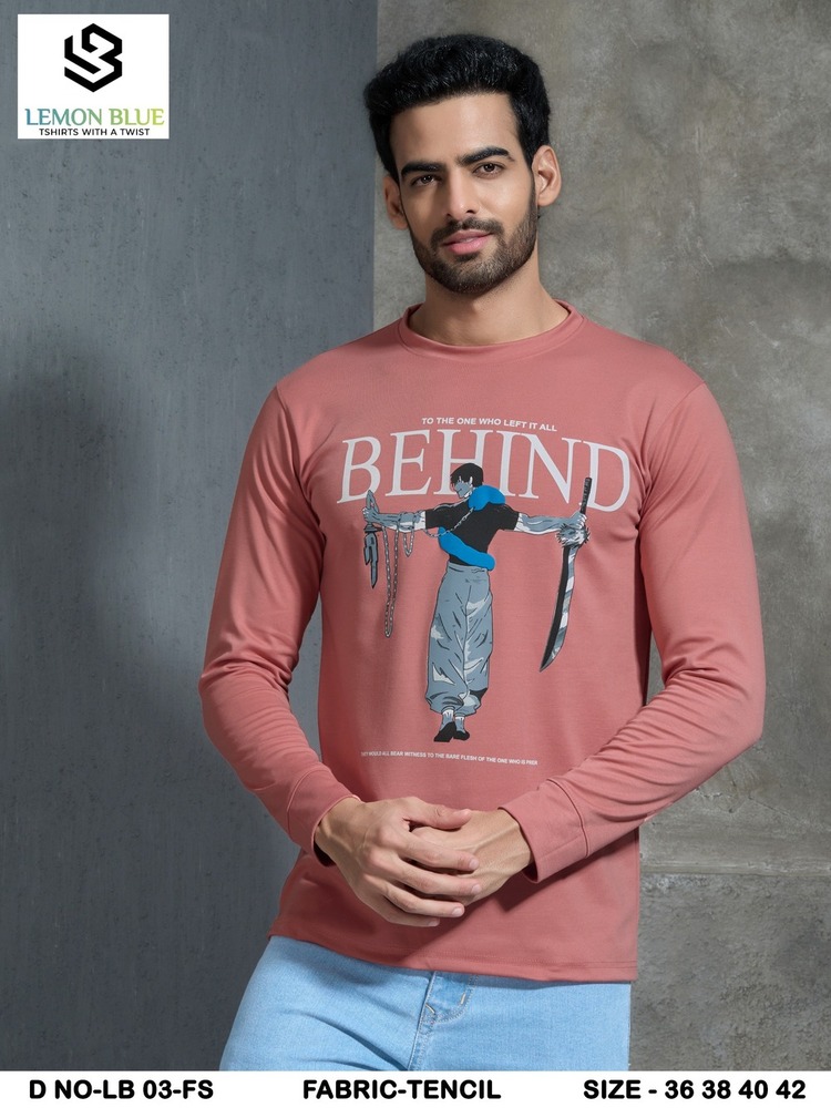 Mens Pink Full Sleeves Printed Round Neck T-Shirt