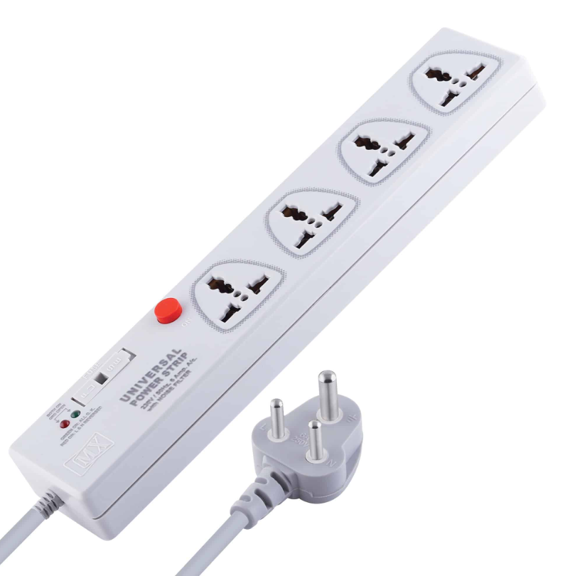 Mx 4 Outlet Power Strip With Universal Socket , Master Switch With Built-In Fuse Power Cable 5 Amp (3Mtr) - Warranty: No Warranty