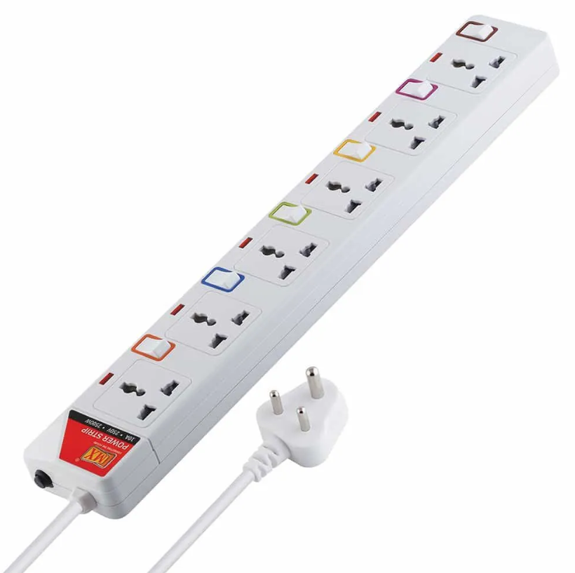 Mx 6 Outlet Power Strip With Universal Socket & Led Indicator Individual Color Switch With Circuit Breaker Protection Spike Guard Extension Board With Child Safety Shutter, 1.5 Meter - Color: White