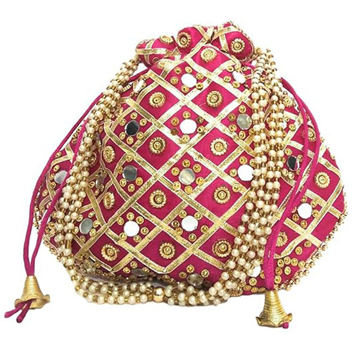 Mirror Work Potli Bag - Color: Red