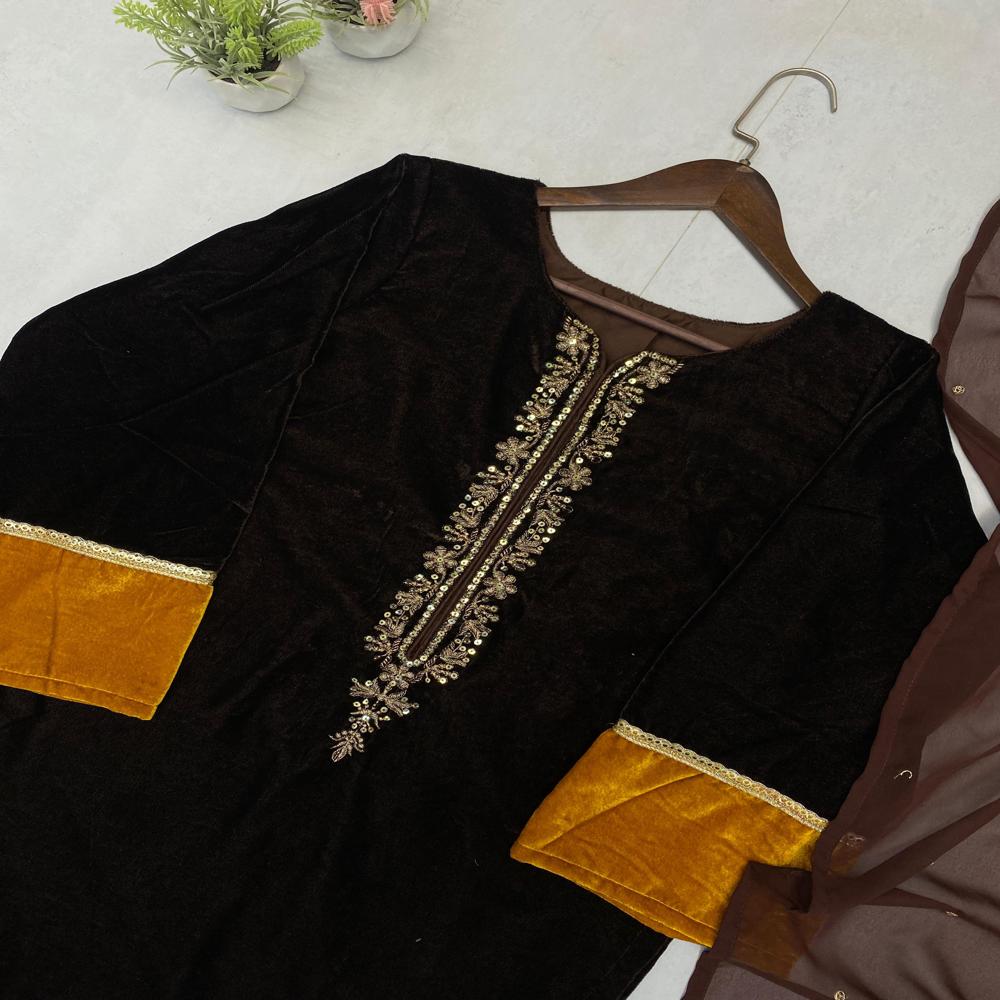 Soft Velvet Designer Suit - Color: Brown