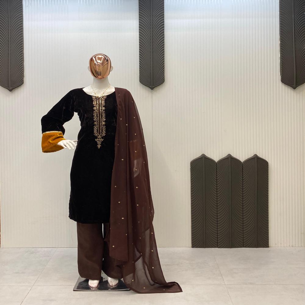 Soft Velvet Designer Suit - Color: Brown