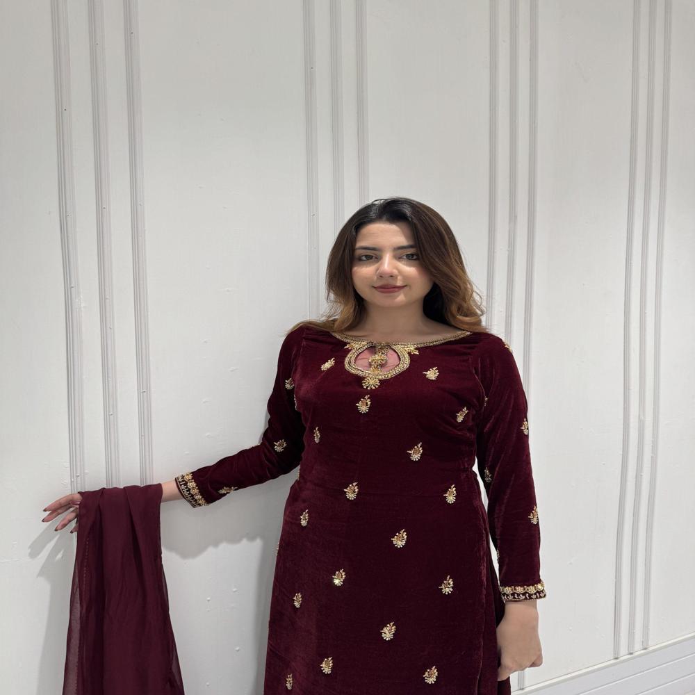Stylish Velvet  Designer Suit - Color: Maroon