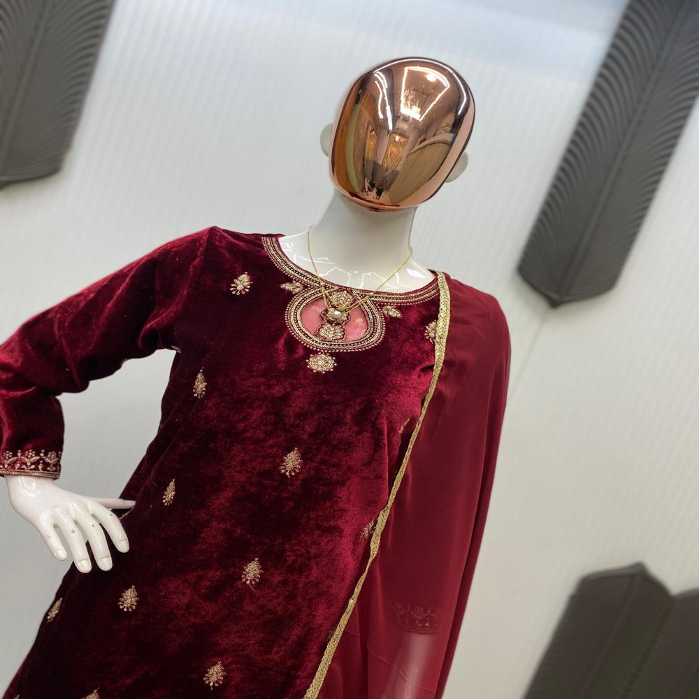 Stylish Velvet Designer Suit - Color: Maroon