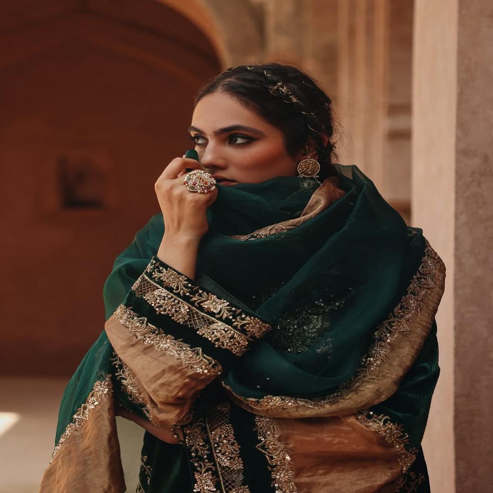 Elegant Green Velvet Embroidery Suit Set