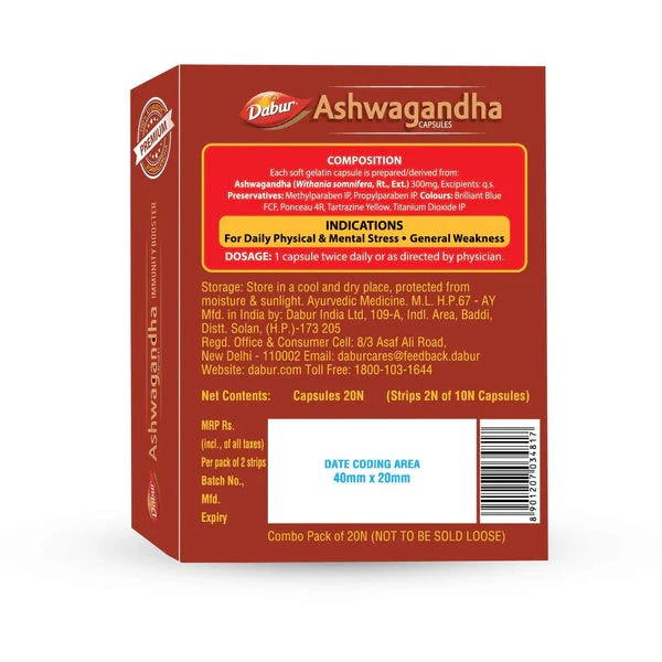 Dabur Ashwagandha Capsules 20 Capsules - Age Group: For Adults