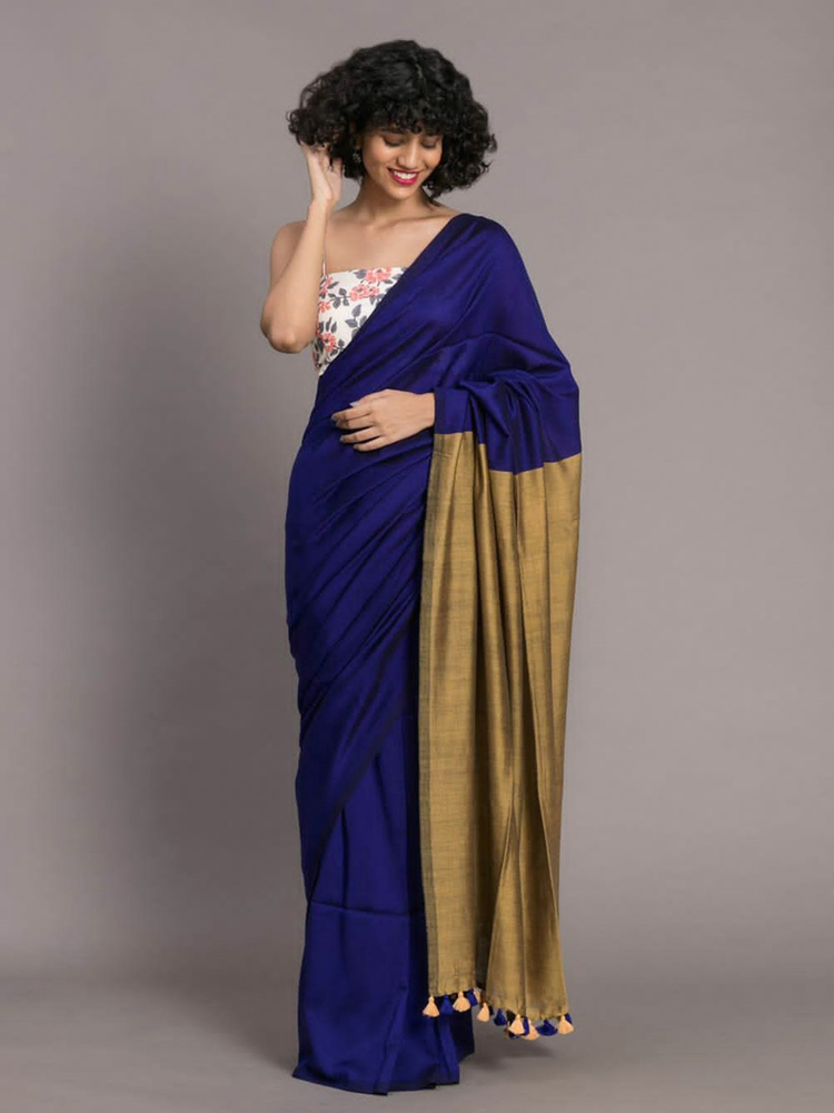 Blue And Golden Contrast Saree - Color: Different Available