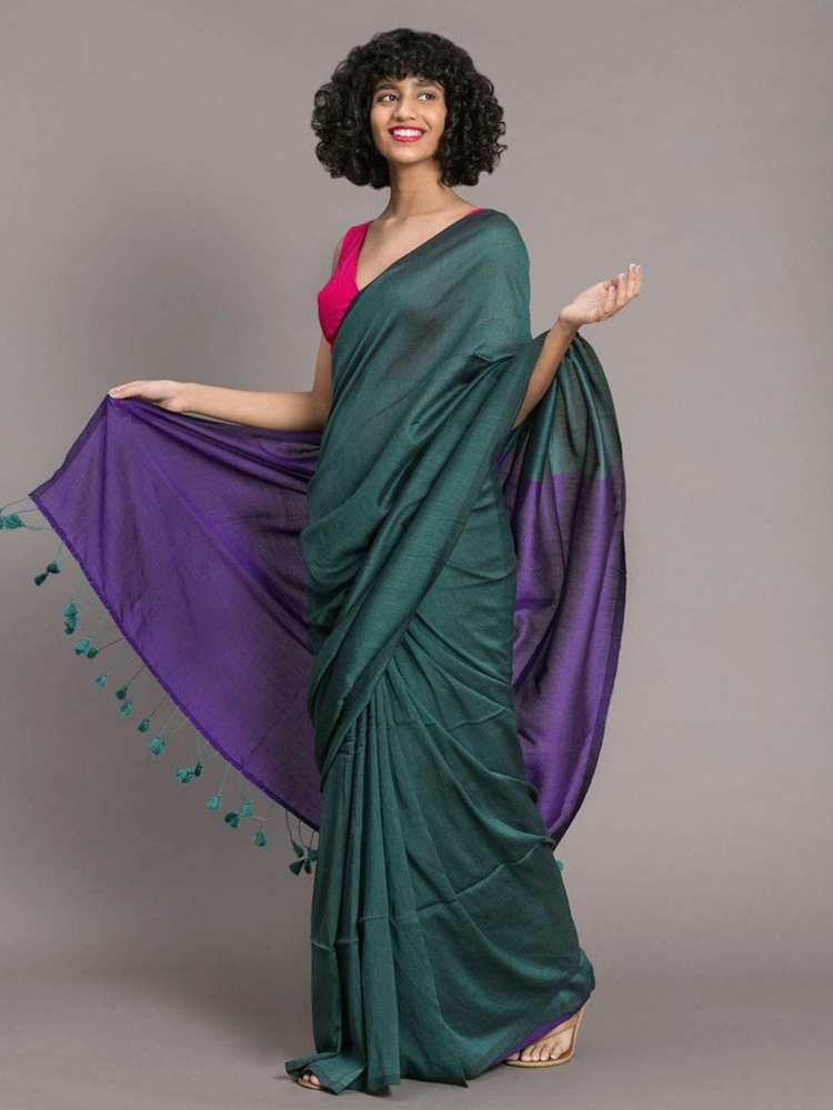 Bottle Green And Purple Contrast Saree - Color: Different Available