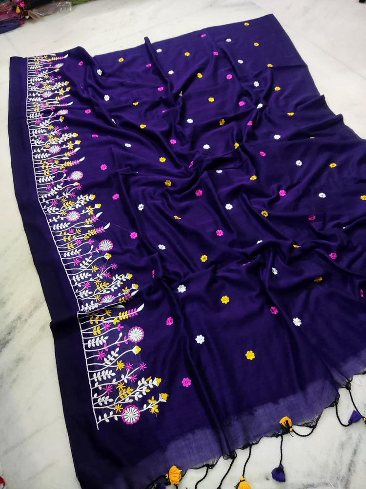 Blue Color Embroidery Ghas Full Saree - Color: Different Available