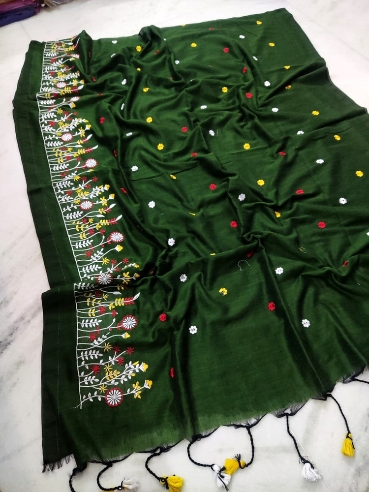 Bottle Green Color Embroidery Ghas Full Saree - Color: Different Available