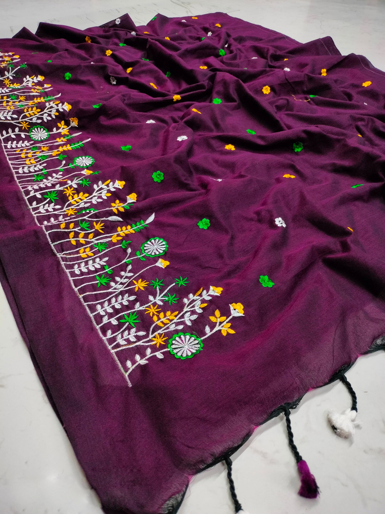 Dark Parple Color Embroidery Ghas Full Saree - Color: Different Available