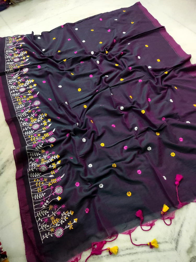 Dual Tone Purple Color Embroidery Ghas Full Saree - Color: Different Available