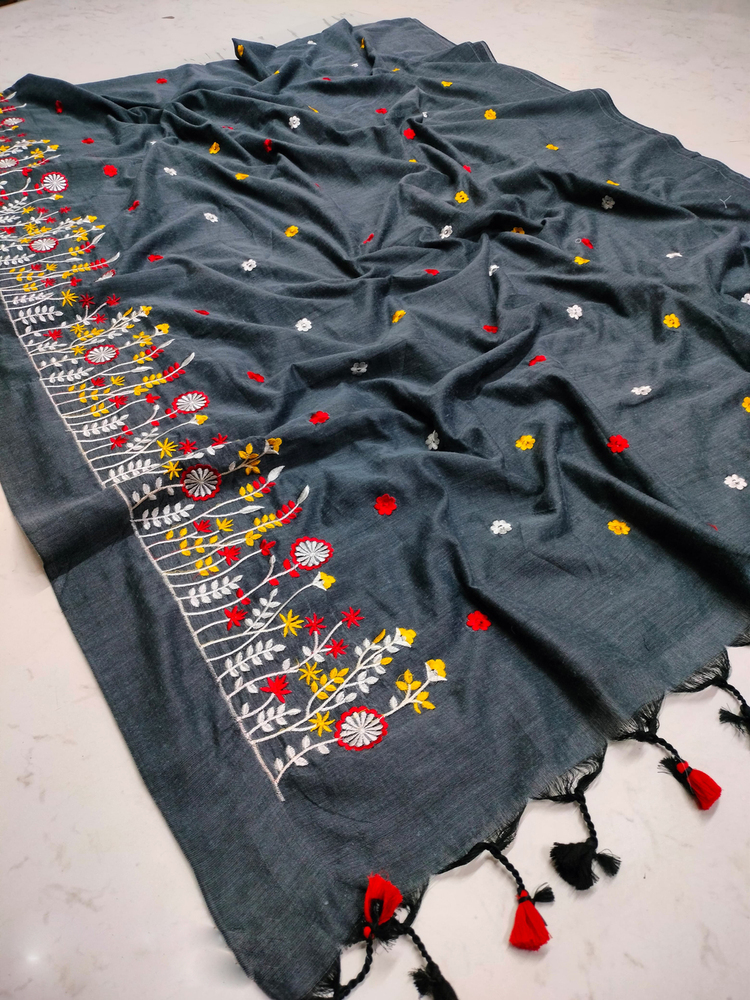 Gray Color Embroidery Ghas Full Saree - Color: Different Available