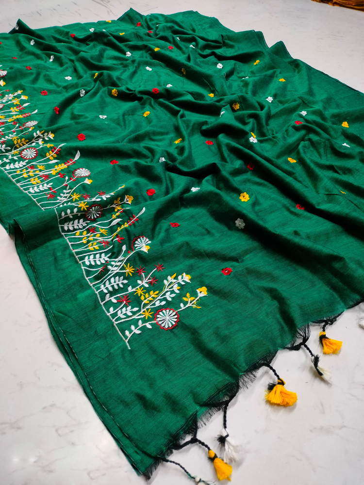 Green Color Embroidery Ghas Full Saree