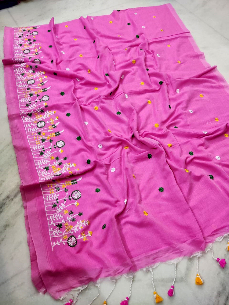 Light Pink Color Embroidery Ghas Full Saree - Color: Different Available