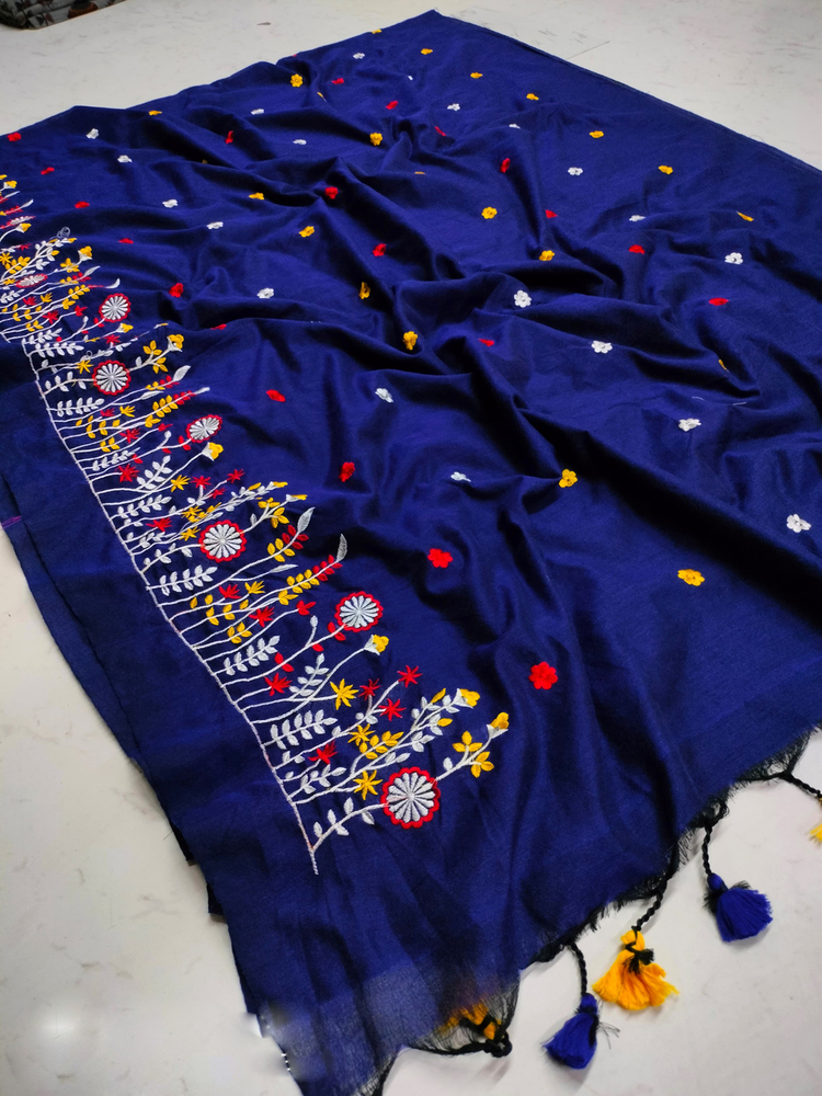Navy Blue Color Embroidery Ghas Full Saree - Color: Different Available
