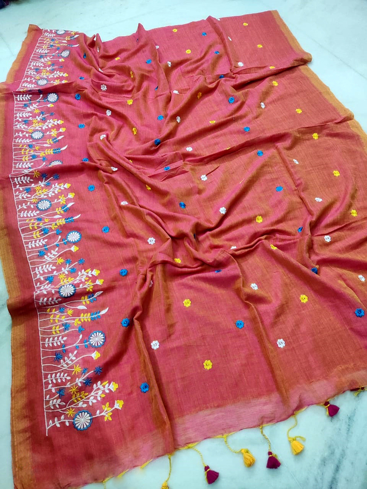 Orange Color Embroidery Ghas Full Saree - Color: Different Available