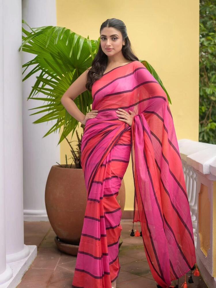 Pink Color Mul Cotton Saree - Color: Different Available