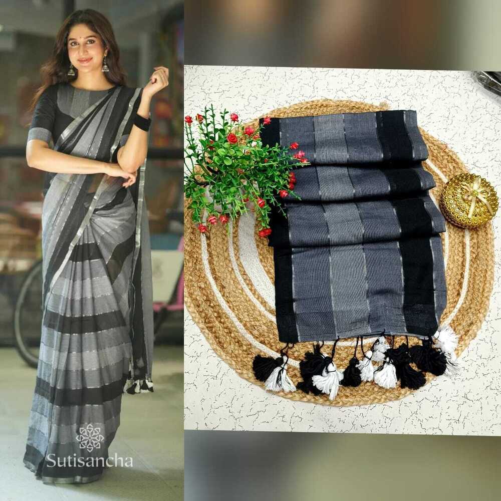 Grey ColorMul Cotton Stripe Saree
