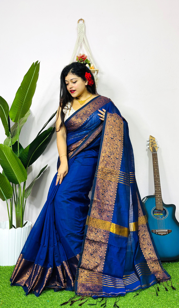 Blue Color Cotton Slab Handloom Saree - Color: Different Available