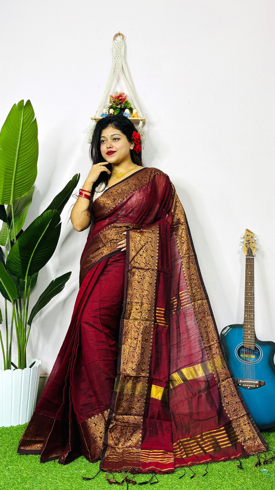 Maroon Color Cotton Slab Handloom Saree - Color: Different Available