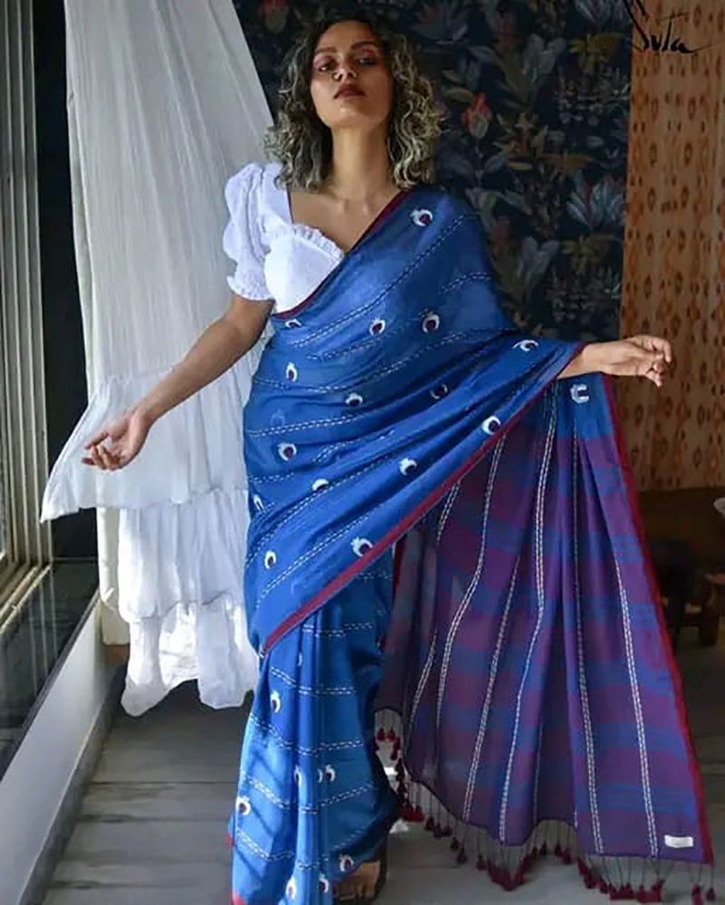 Blue Color Color Dalim Handloom Saree - Color: Different Available