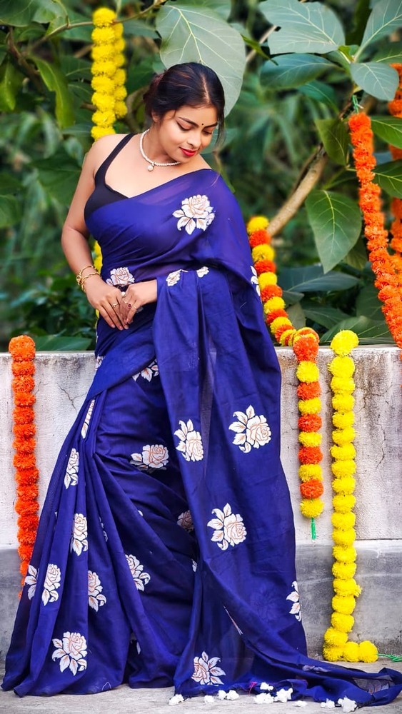 Blue Color Golap Printed Saree - Color: Different Available