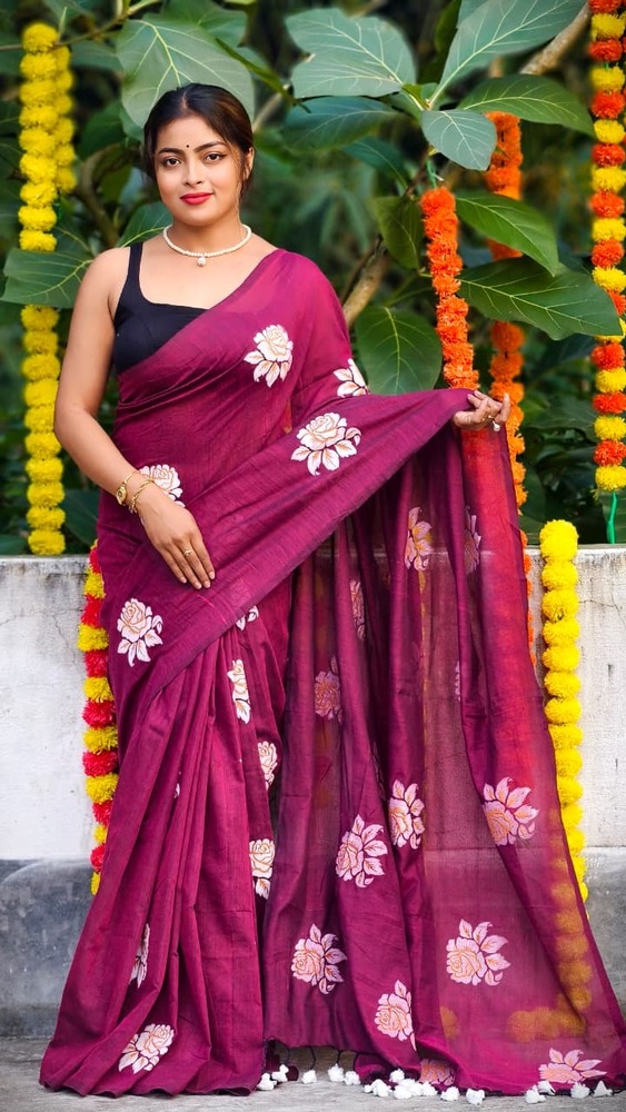 Dark Purple Color Golap Printed Saree - Color: Different Available