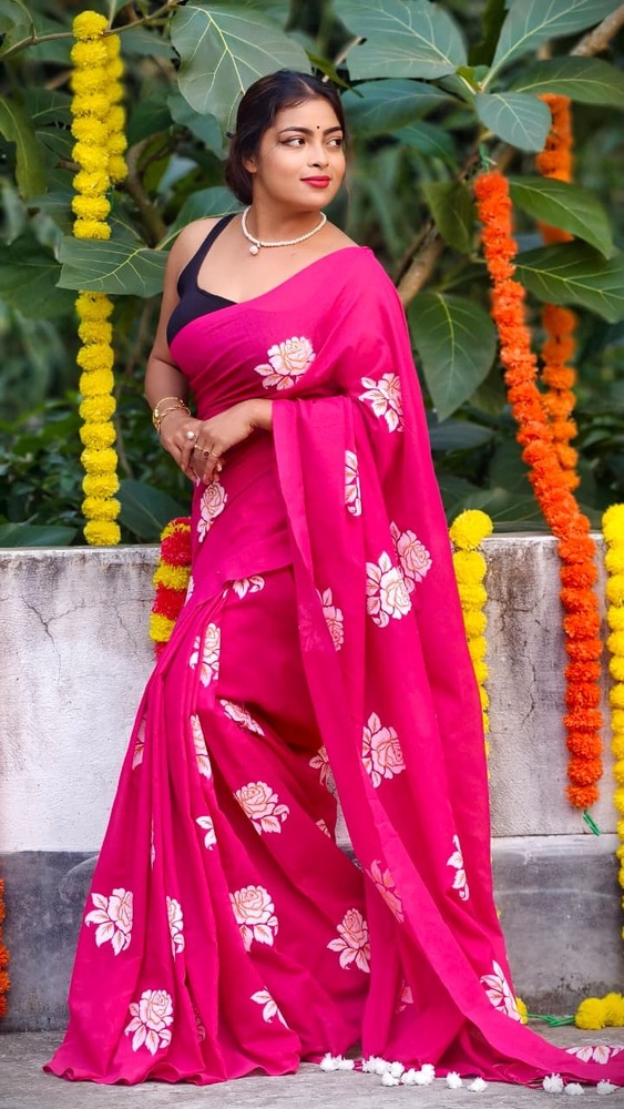 Pink Color Golap Printed Saree - Color: Different Available