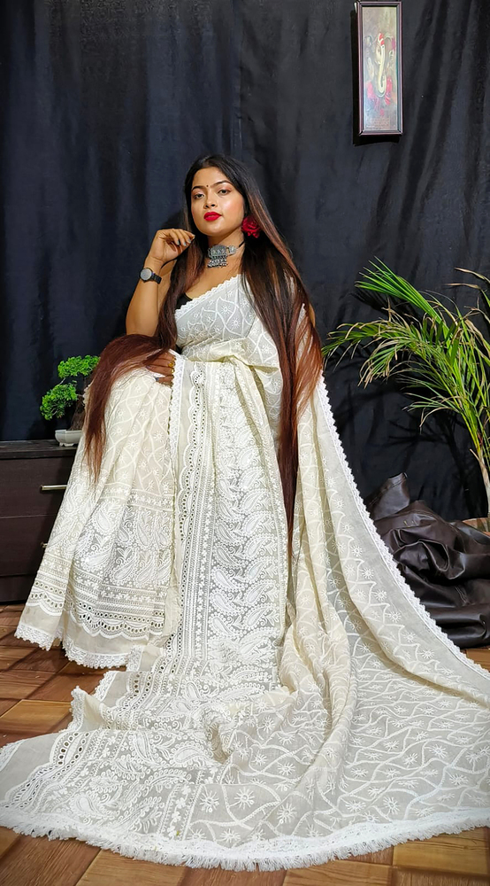 White Color Hakoba Chikonkari Saree - Color: Different Available