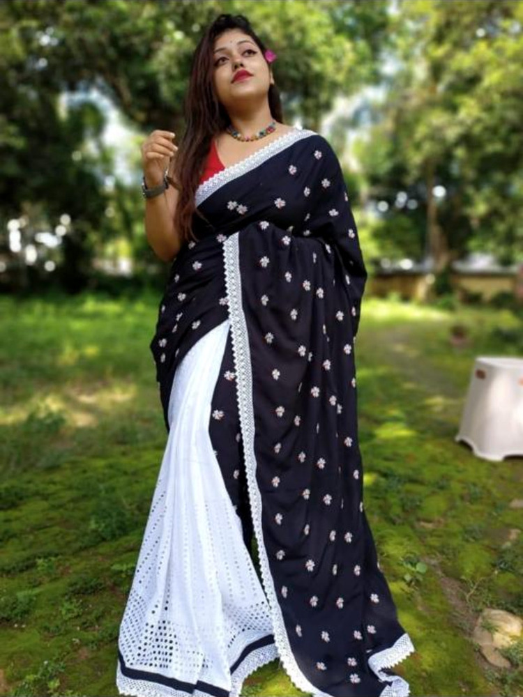 White And Black Color Hakoba Shiuli Saree - Color: Different Available