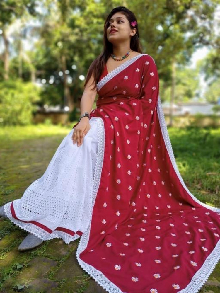 White And Maroon Color Hakoba Shiuli Saree - Color: Different Available